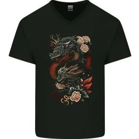 2 Chinese Dragons Fantasy Mens V-Neck Cotton T-Shirt