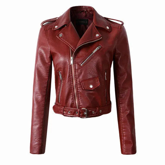 2017 New Fashion Women Wine Red Faux Leather Jackets Lady Bomber Motorcycle Cool Outerwear Coat with Belt Hot Sale