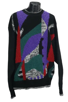 80s Oakton Handknit Blk/Prp Abstract Sweater      XXL