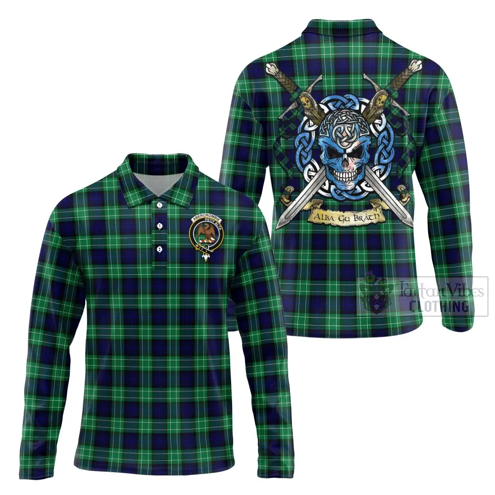 Abercrombie Tartan Long Sleeve Polo Shirt with Family Crest Celtic Skull Style