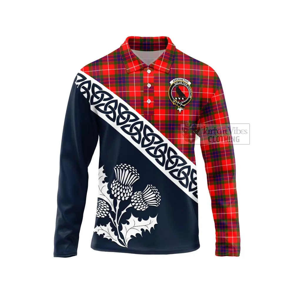 Abernethy Tartan Long Sleeve Polo Shirt Featuring Thistle and Scotland Map