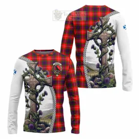 Abernethy Tartan Long Sleeve T-Shirt with Family Crest and St. Andrew's Cross Accented by Thistle Vines