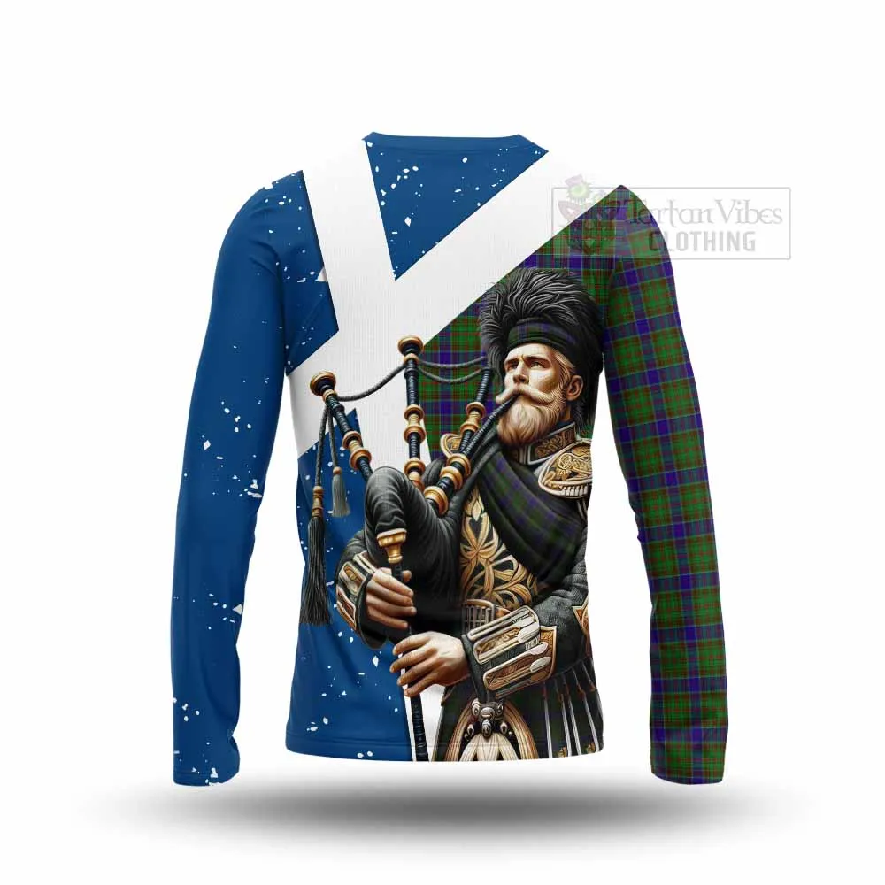 Adam Tartan Long Sleeve T-Shirt with Family Crest Scottish Bagpiper Vibes