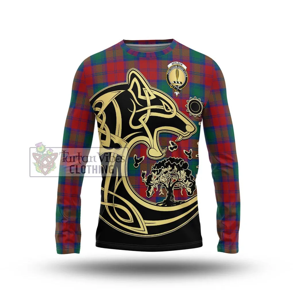 Affleck Tartan Long Sleeve T-Shirt with Family Crest Celtic Wolf Style