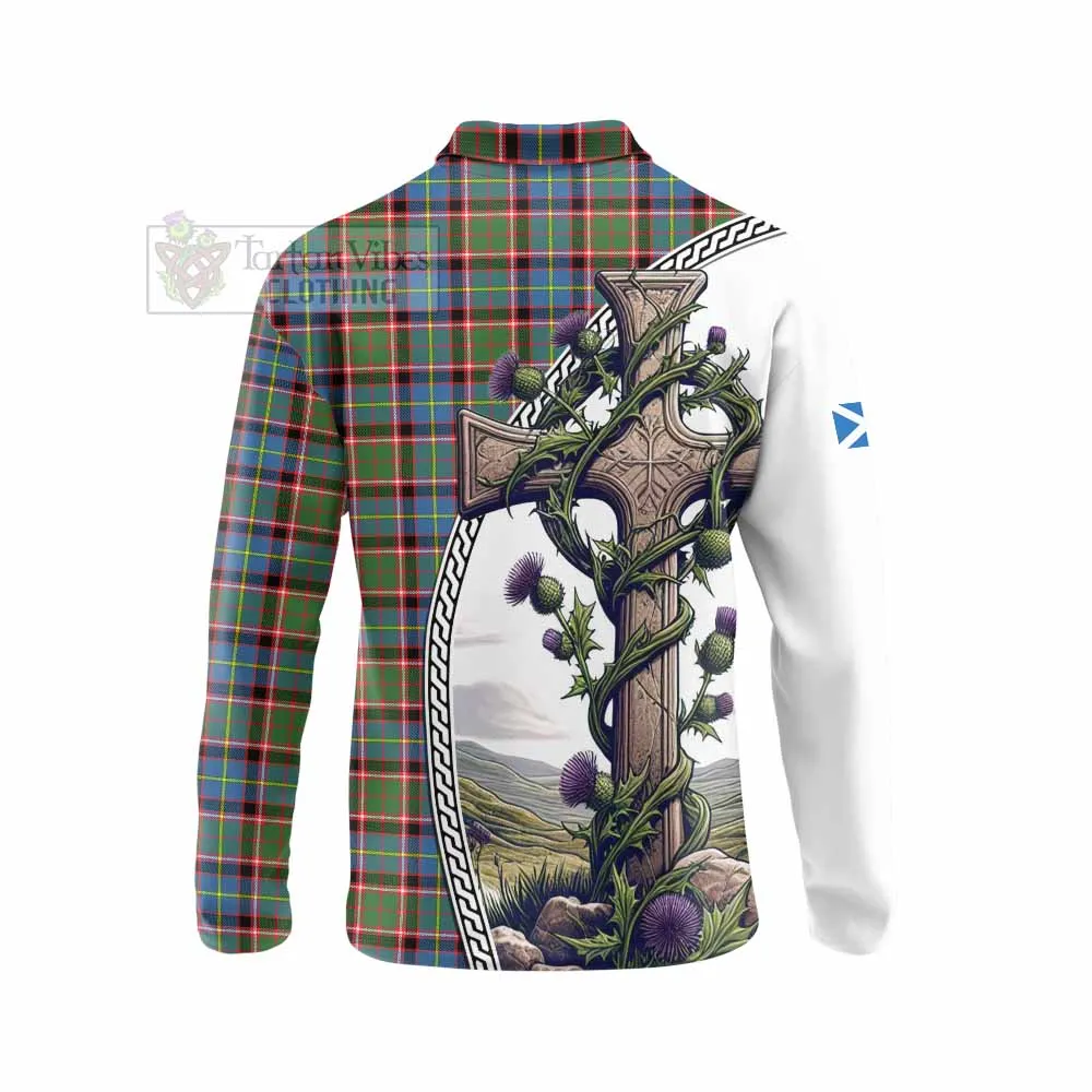 Aikenhead Tartan Long Sleeve Polo Shirt with Family Crest and St. Andrew's Cross Accented by Thistle Vines