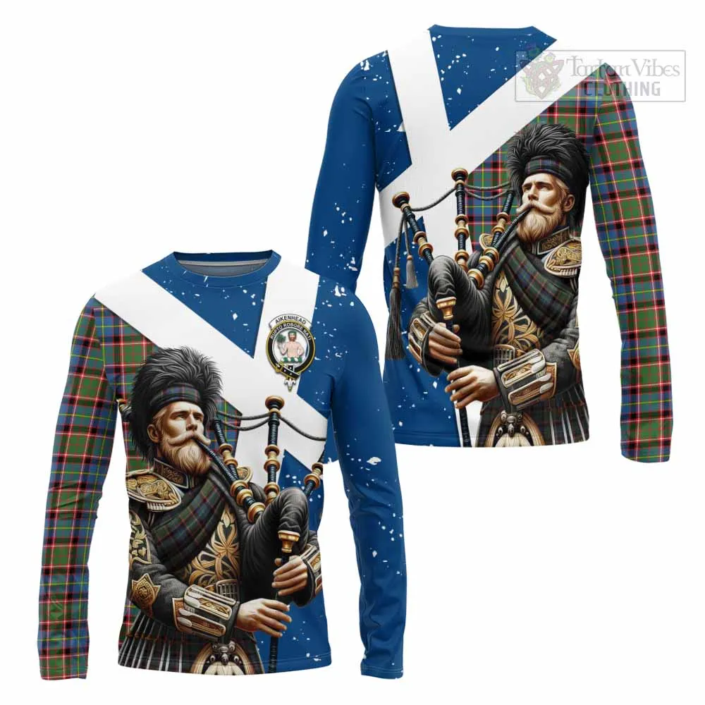 Aikenhead Tartan Long Sleeve T-Shirt with Family Crest Scottish Bagpiper Vibes