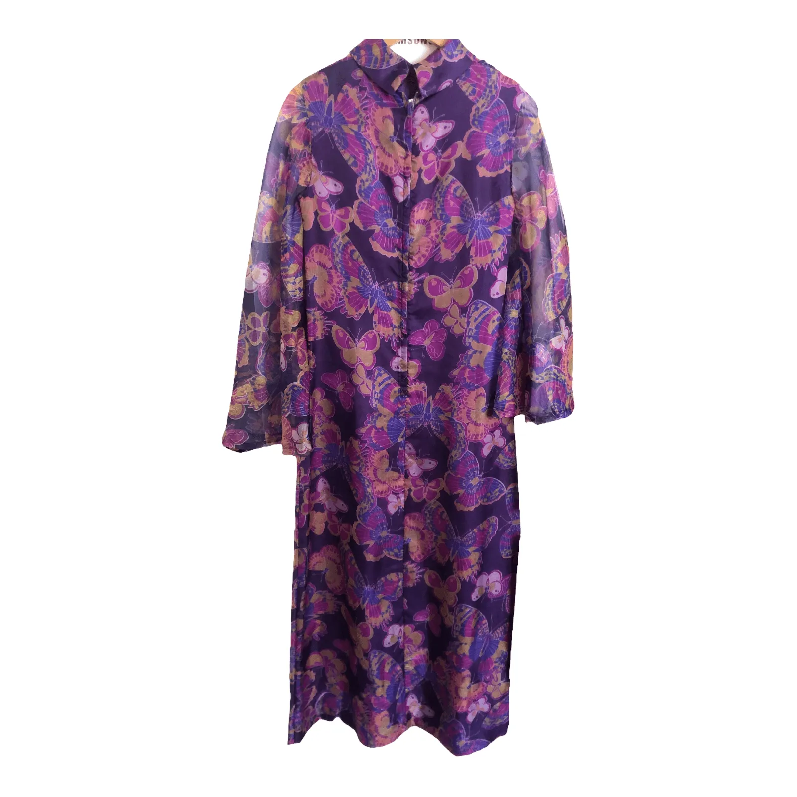 Alexander Clare Vintage Chiffon 3/4 Sleeve Maxi Dress Purple Multi Butterfly Print UK Size 8-10