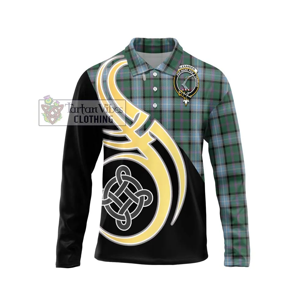 Alexander of Menstry Hunting Tartan Long Sleeve Polo Shirt with Family Crest and Celtic Symbol Style