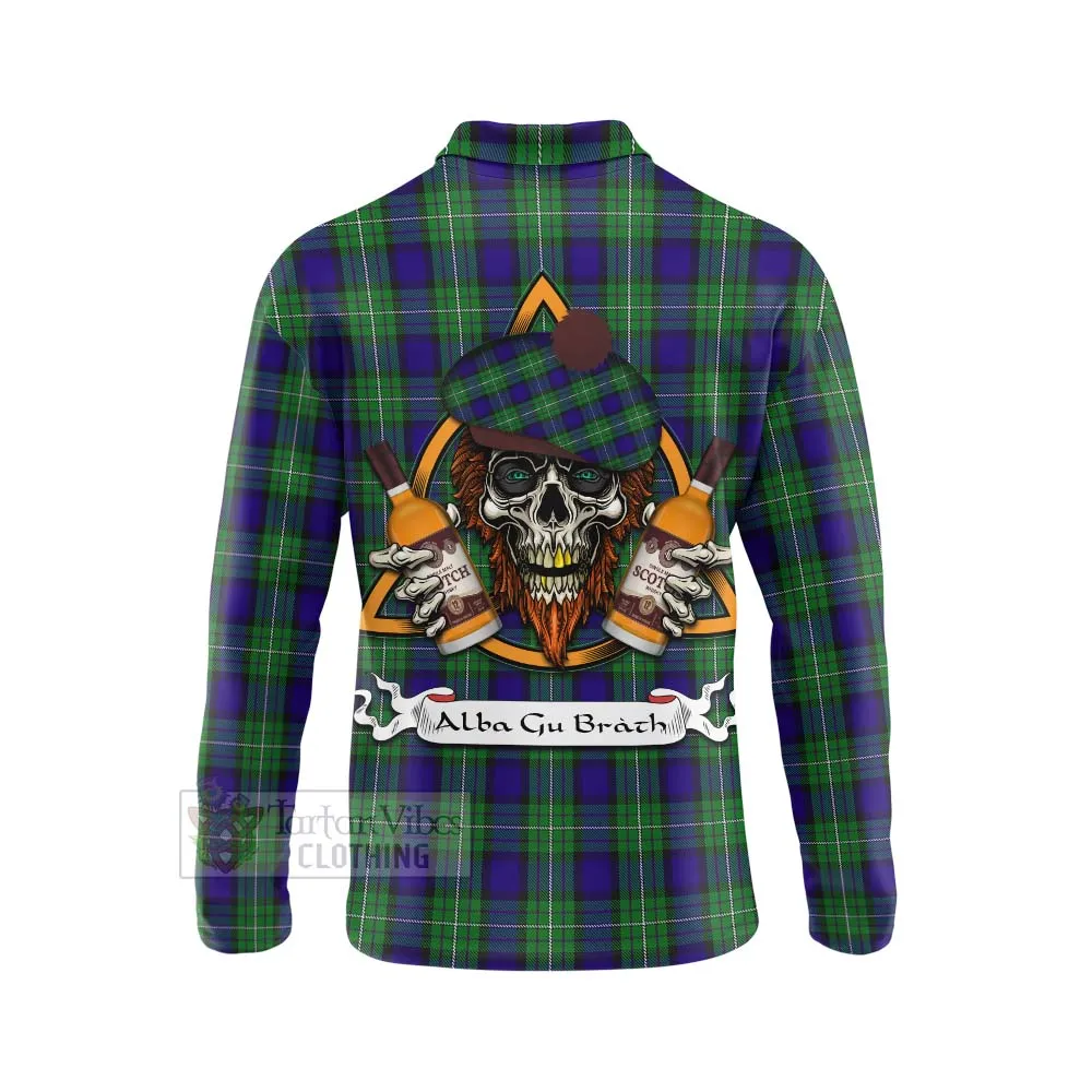 Alexander Tartan Long Sleeve Polo Shirt with Family Crest and Bearded Skull Holding Bottles of Whiskey