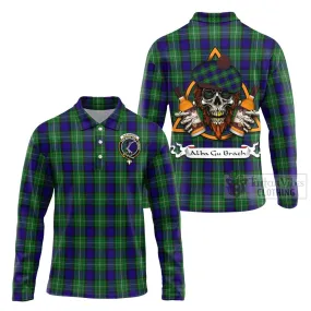 Alexander Tartan Long Sleeve Polo Shirt with Family Crest and Bearded Skull Holding Bottles of Whiskey