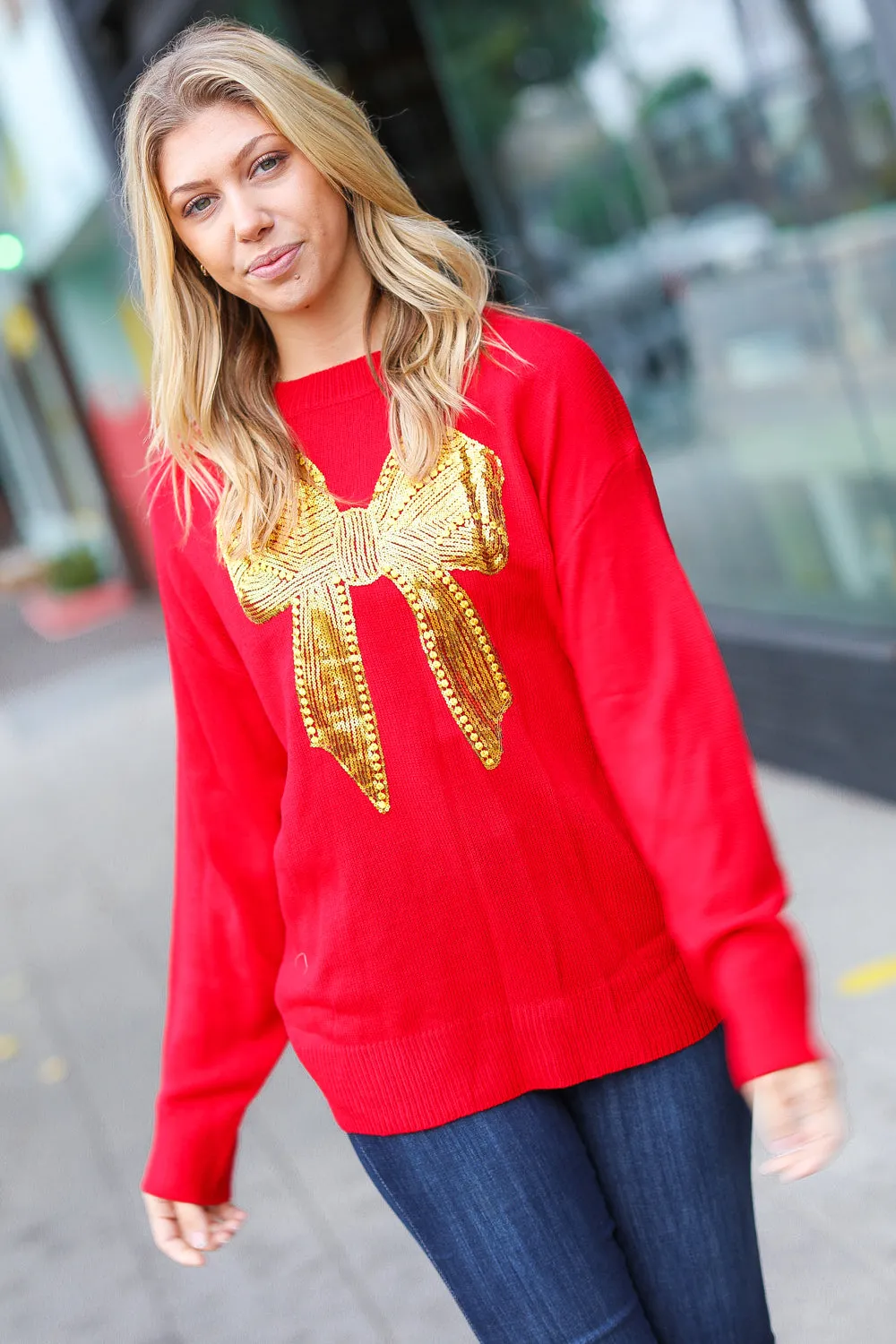 All I Want Red Sequin Bow Embroidery Knit Sweater