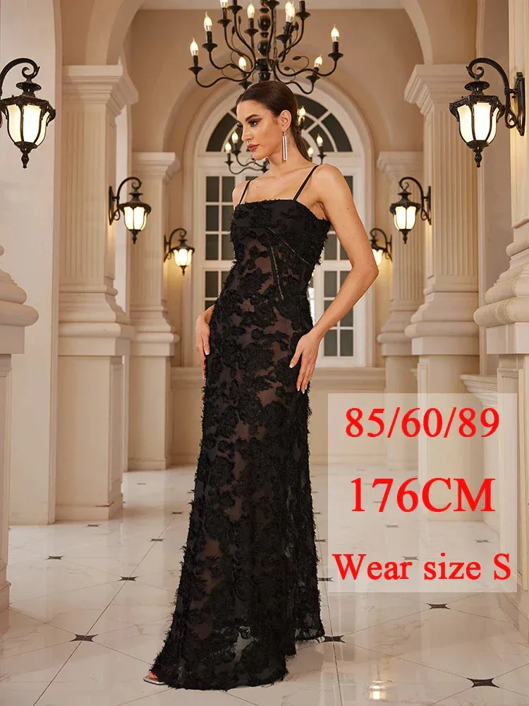 Amozae Black Spaghetti Strap Christmas Dress Sexy See Through Elegant and Beautiful Women Dress Appliques Maxi Formal Dress