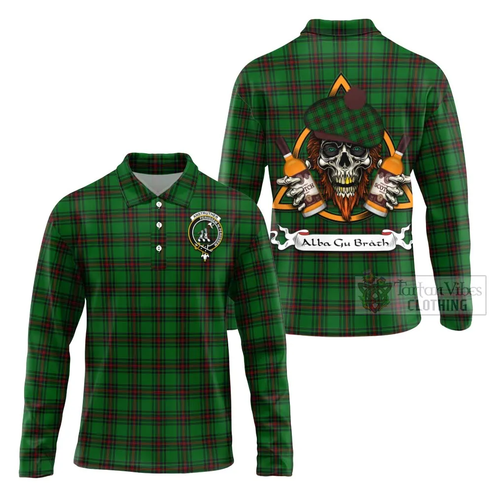 Anstruther Tartan Long Sleeve Polo Shirt with Family Crest and Bearded Skull Holding Bottles of Whiskey