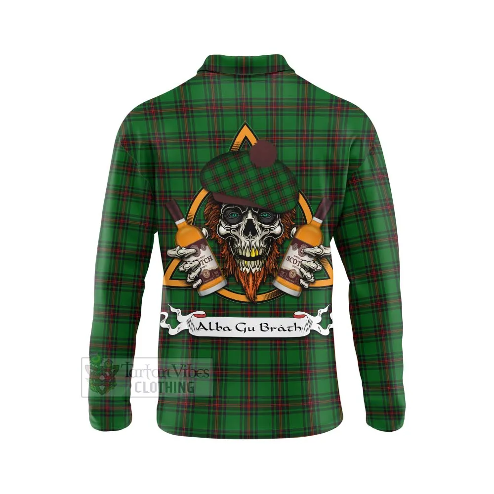 Anstruther Tartan Long Sleeve Polo Shirt with Family Crest and Bearded Skull Holding Bottles of Whiskey