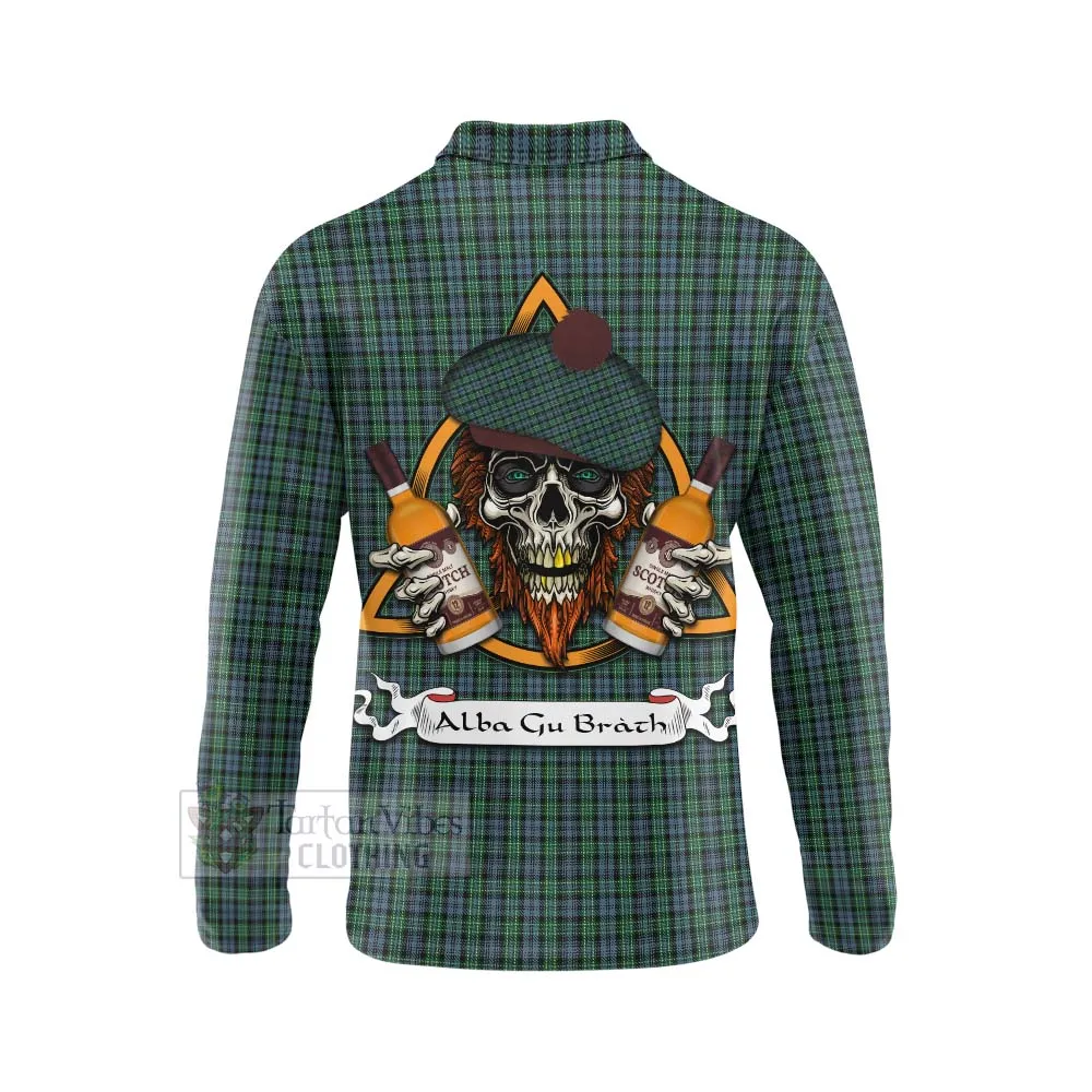 Arbuthnot Tartan Long Sleeve Polo Shirt with Family Crest and Bearded Skull Holding Bottles of Whiskey