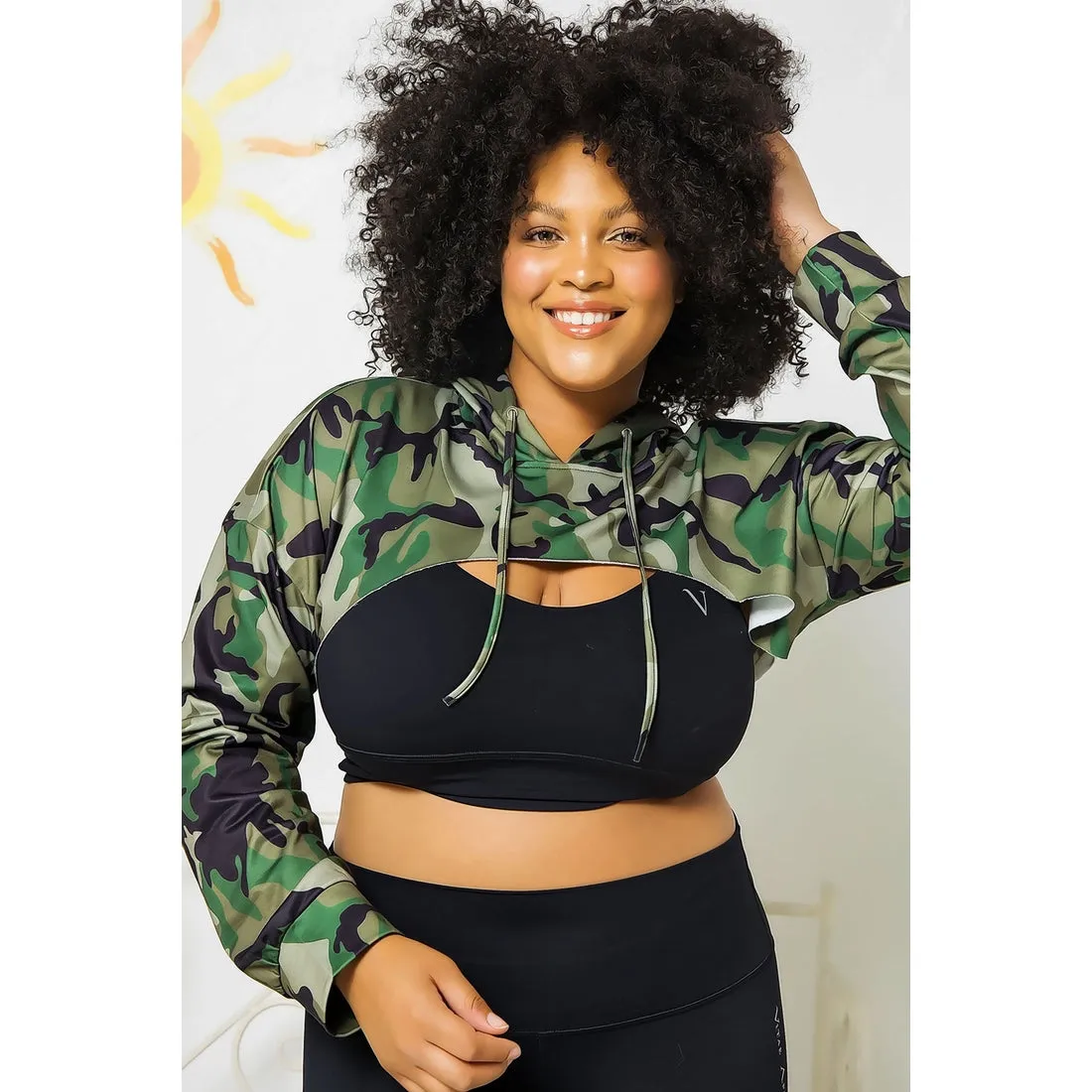 Arm Warmer Crop Hoodie Sweatshirt - Curvy Green