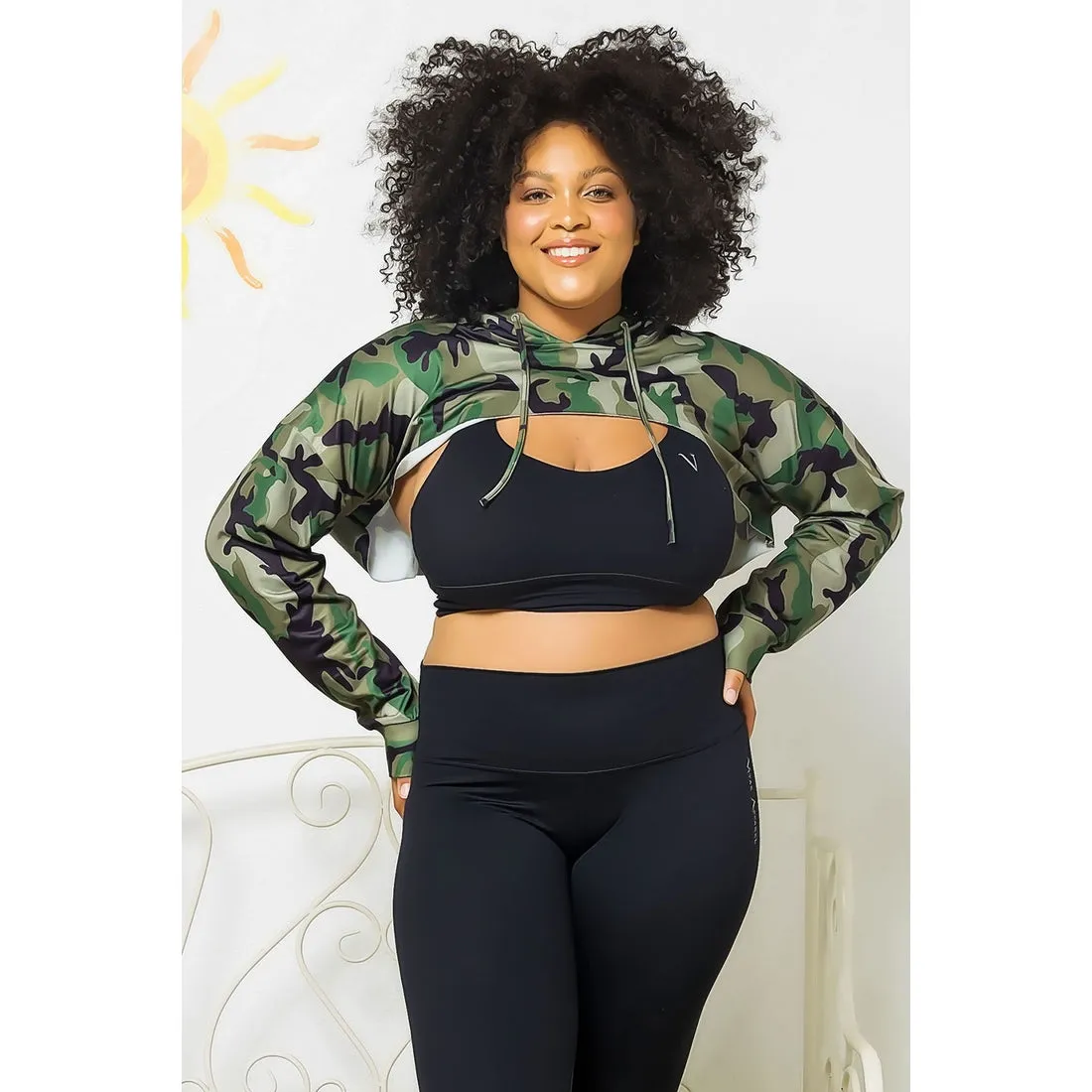 Arm Warmer Crop Hoodie Sweatshirt - Curvy Green