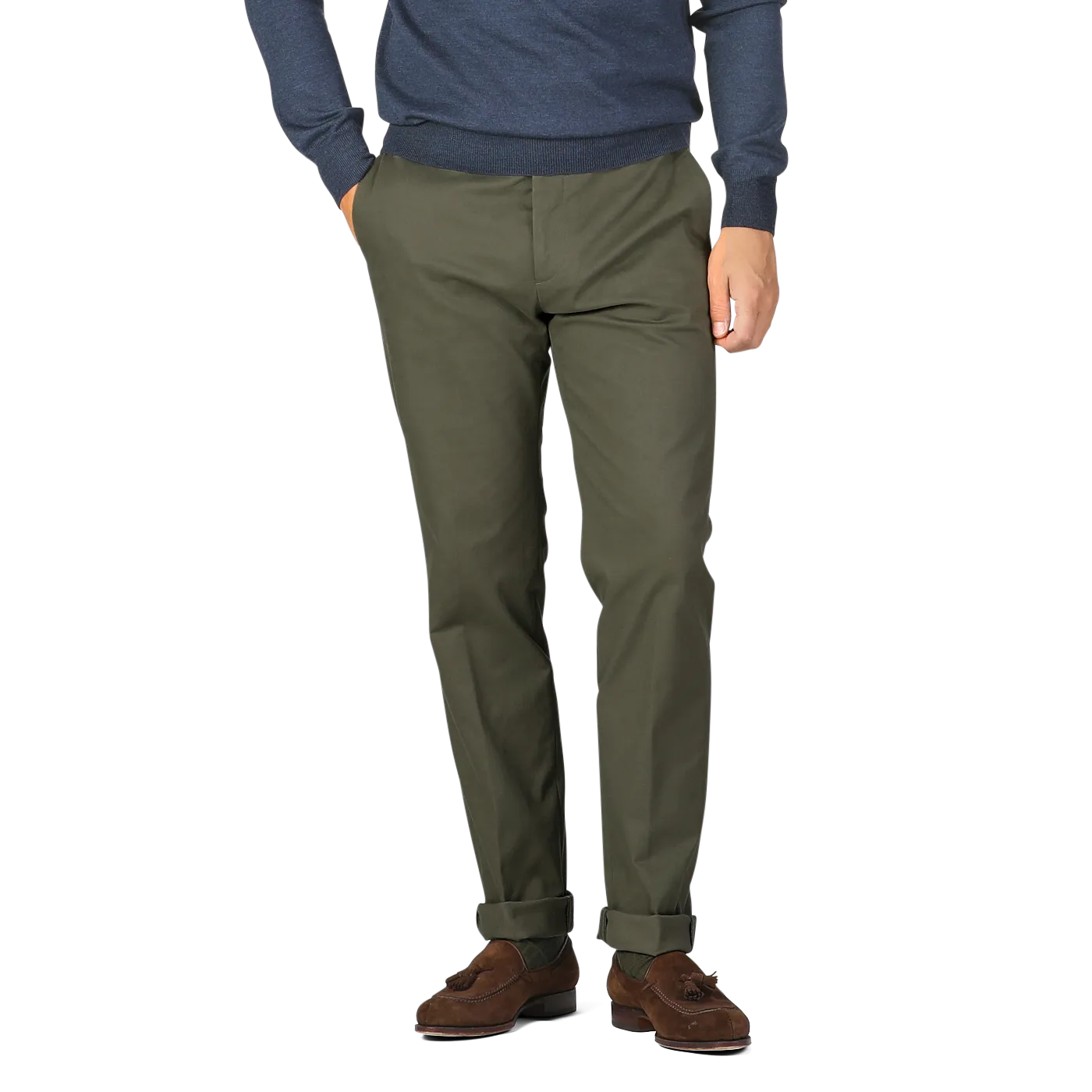 Army Green Cotton Twill Flat Front Trousers