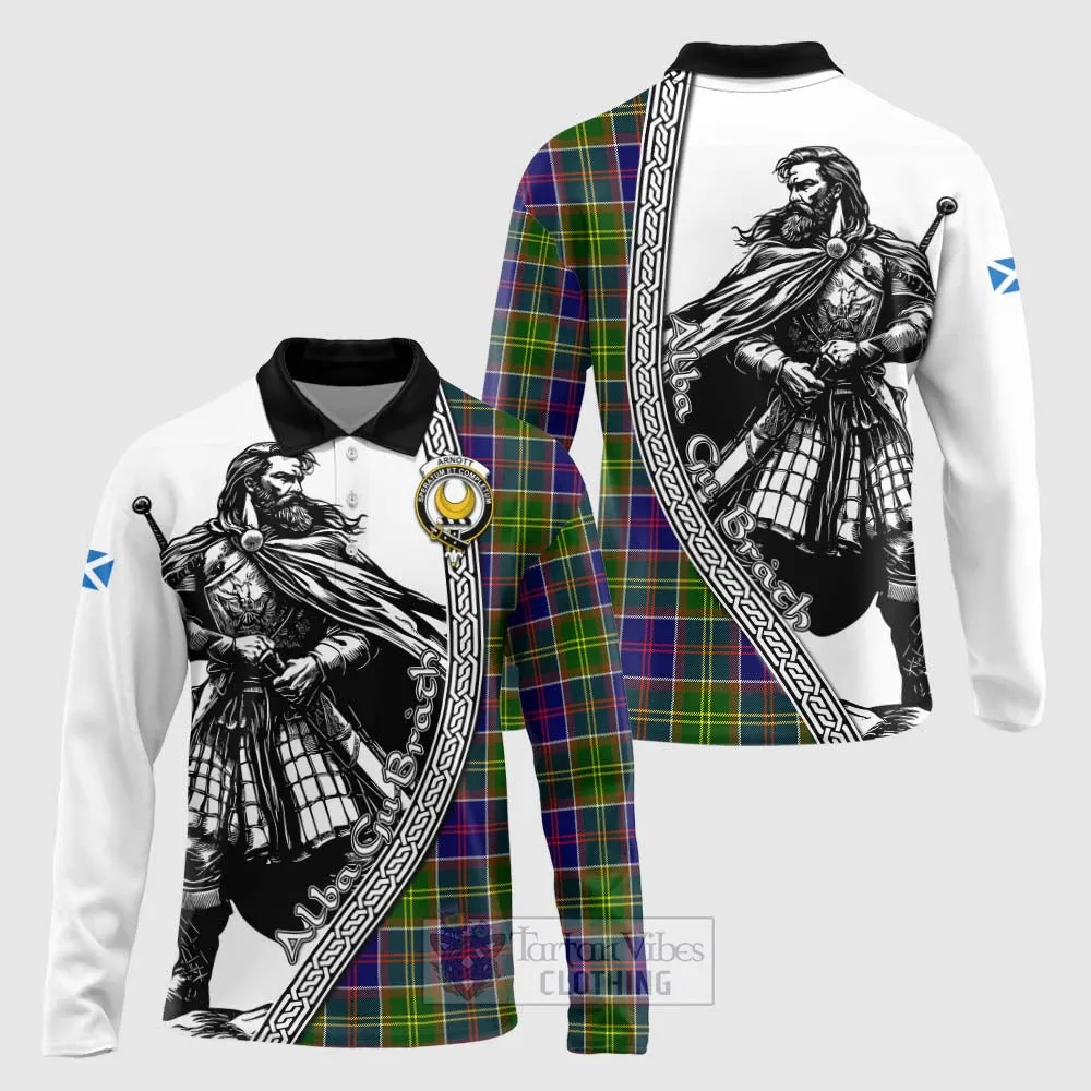 Arnott Tartan Clan Crest Long Sleeve Polo Shirt with Highlander Warrior Celtic Style