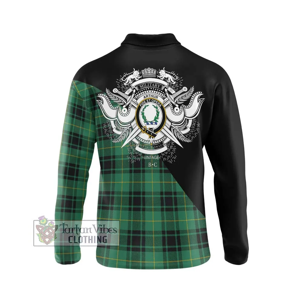 Arthur Ancient Tartan Long Sleeve Polo Shirt with Family Crest and Military Logo Style