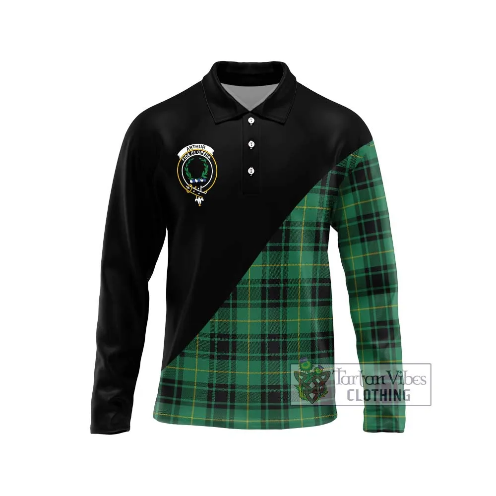 Arthur Ancient Tartan Long Sleeve Polo Shirt with Family Crest and Military Logo Style