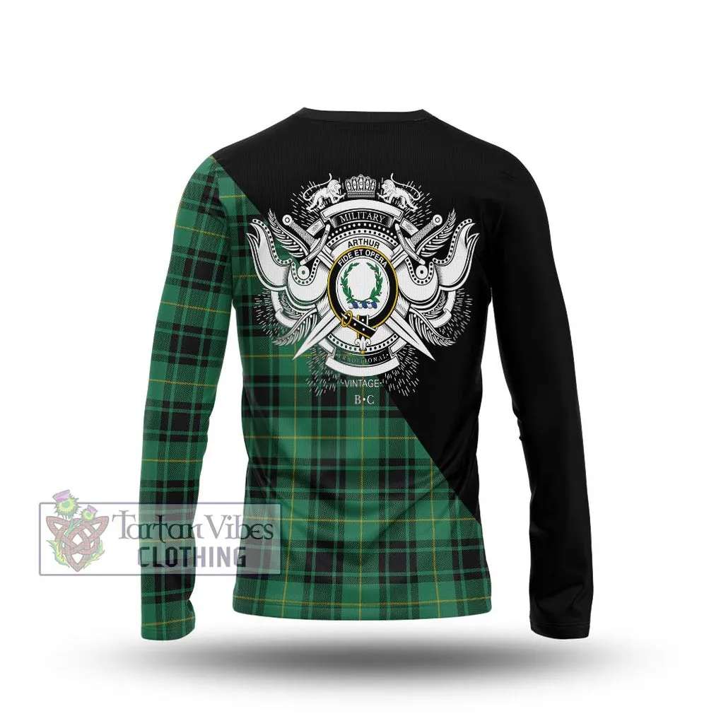 Arthur Ancient Tartan Long Sleeve T-Shirt with Family Crest and Military Logo Style