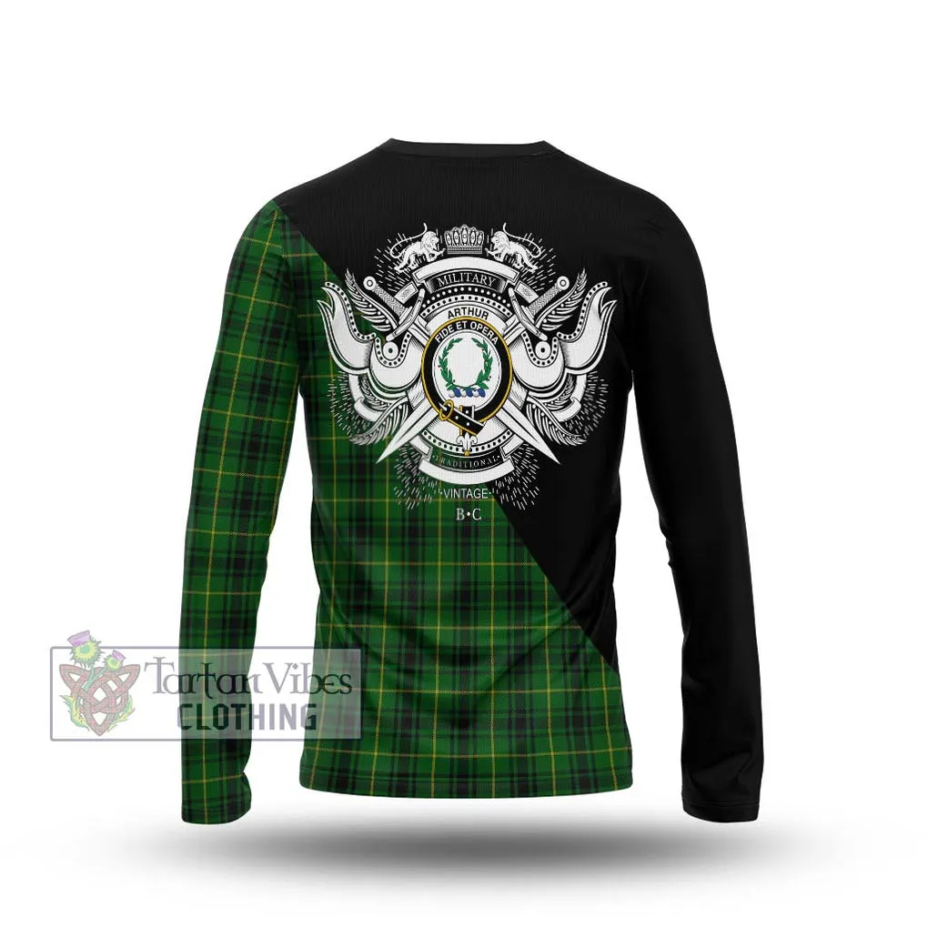 Arthur Tartan Long Sleeve T-Shirt with Family Crest and Military Logo Style