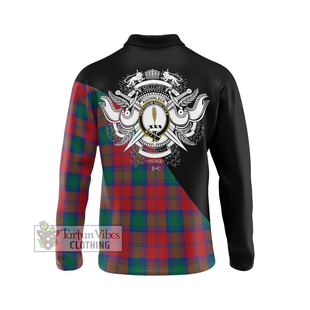 Auchinleck (Affleck) Tartan Long Sleeve Polo Shirt with Family Crest and Military Logo Style