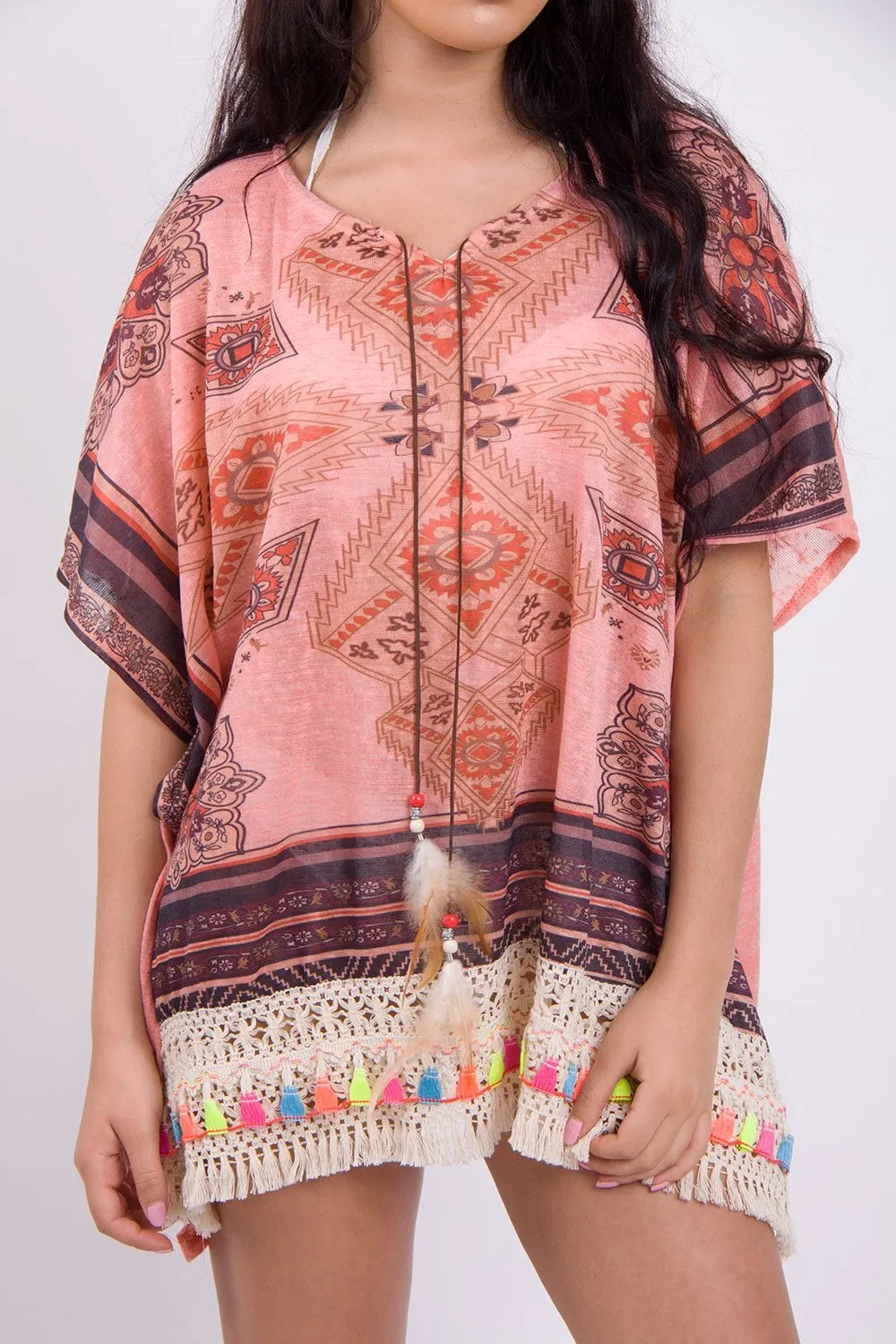 Aztec Floral Print Feather Tassel Trim Poncho Kaftan