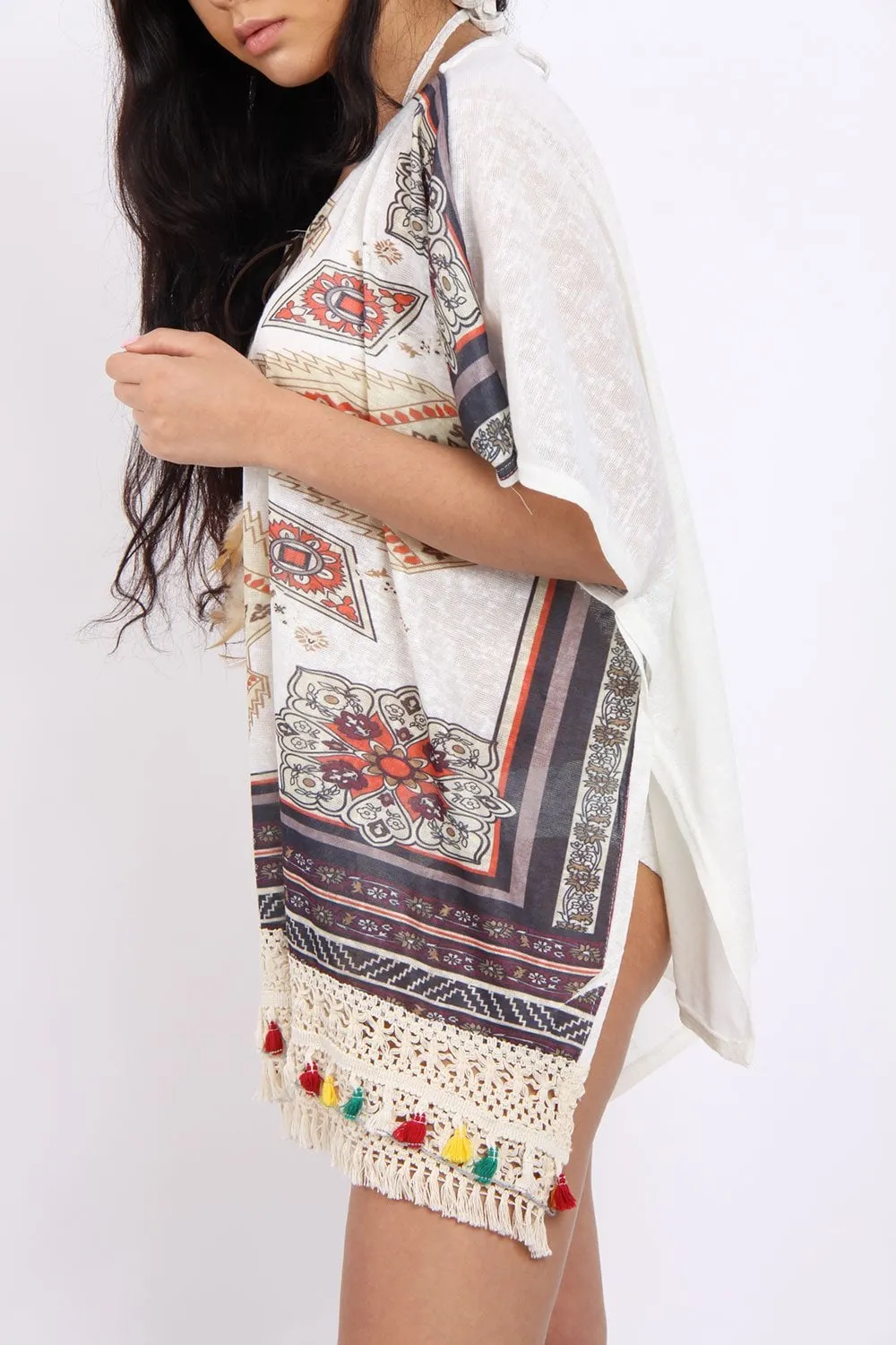 Aztec Floral Print Feather Tassel Trim Poncho Kaftan