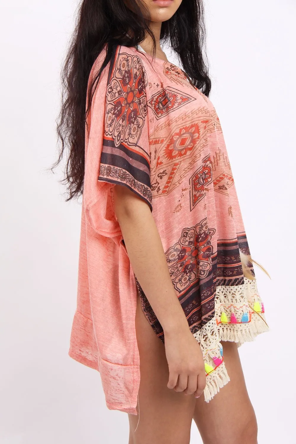 Aztec Floral Print Feather Tassel Trim Poncho Kaftan