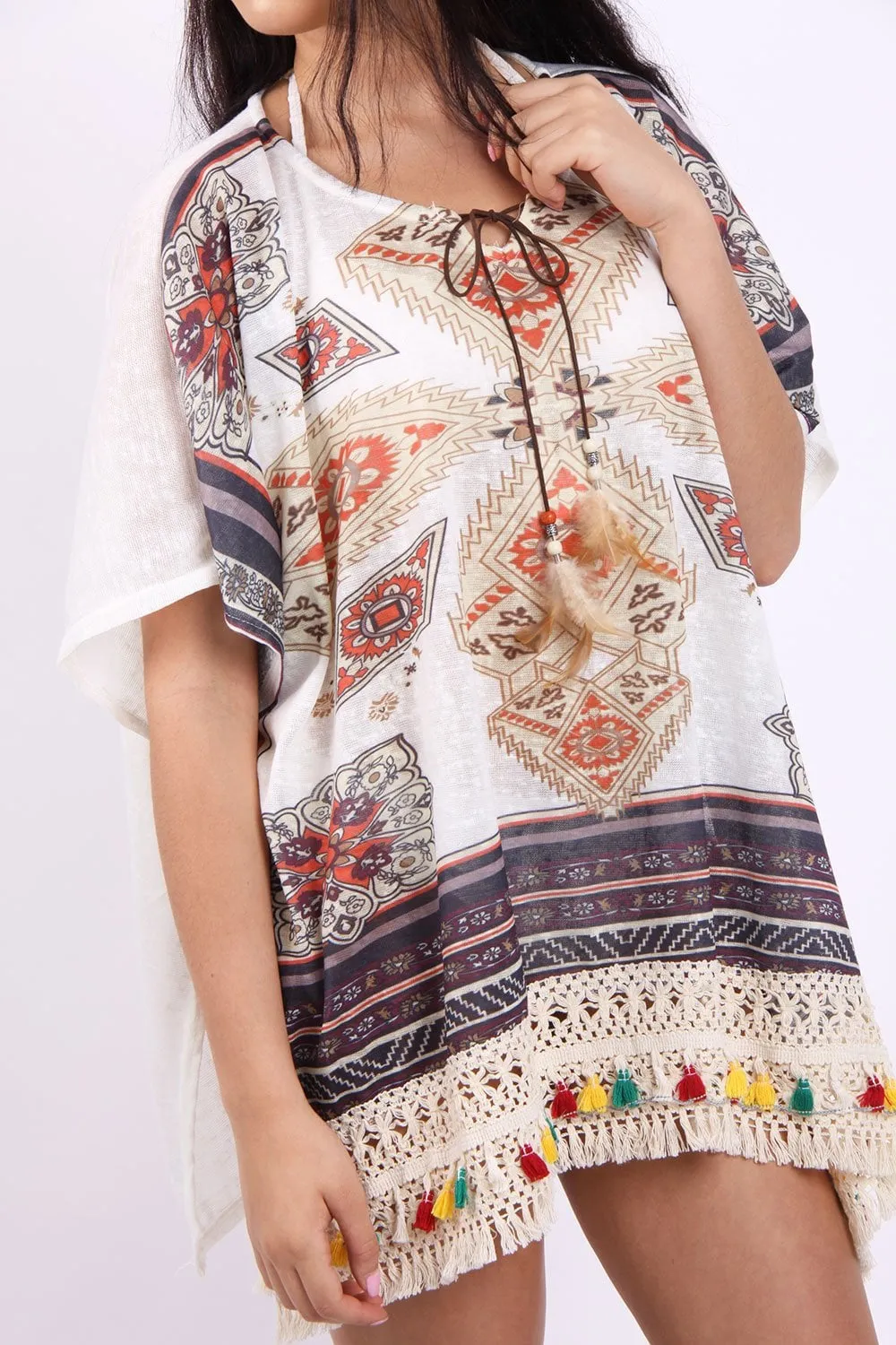 Aztec Floral Print Feather Tassel Trim Poncho Kaftan