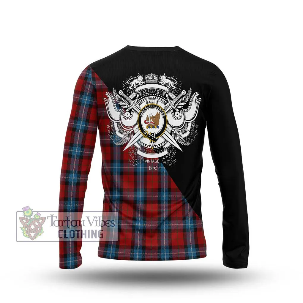 Baillie of Polkemmet Red Tartan Long Sleeve T-Shirt with Family Crest and Military Logo Style