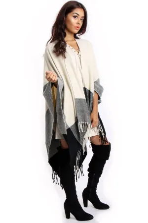 Beige Stripe Blanket Cape with Tassels