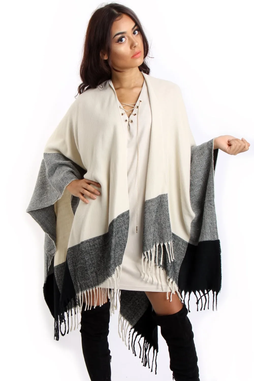 Beige Stripe Blanket Cape with Tassels