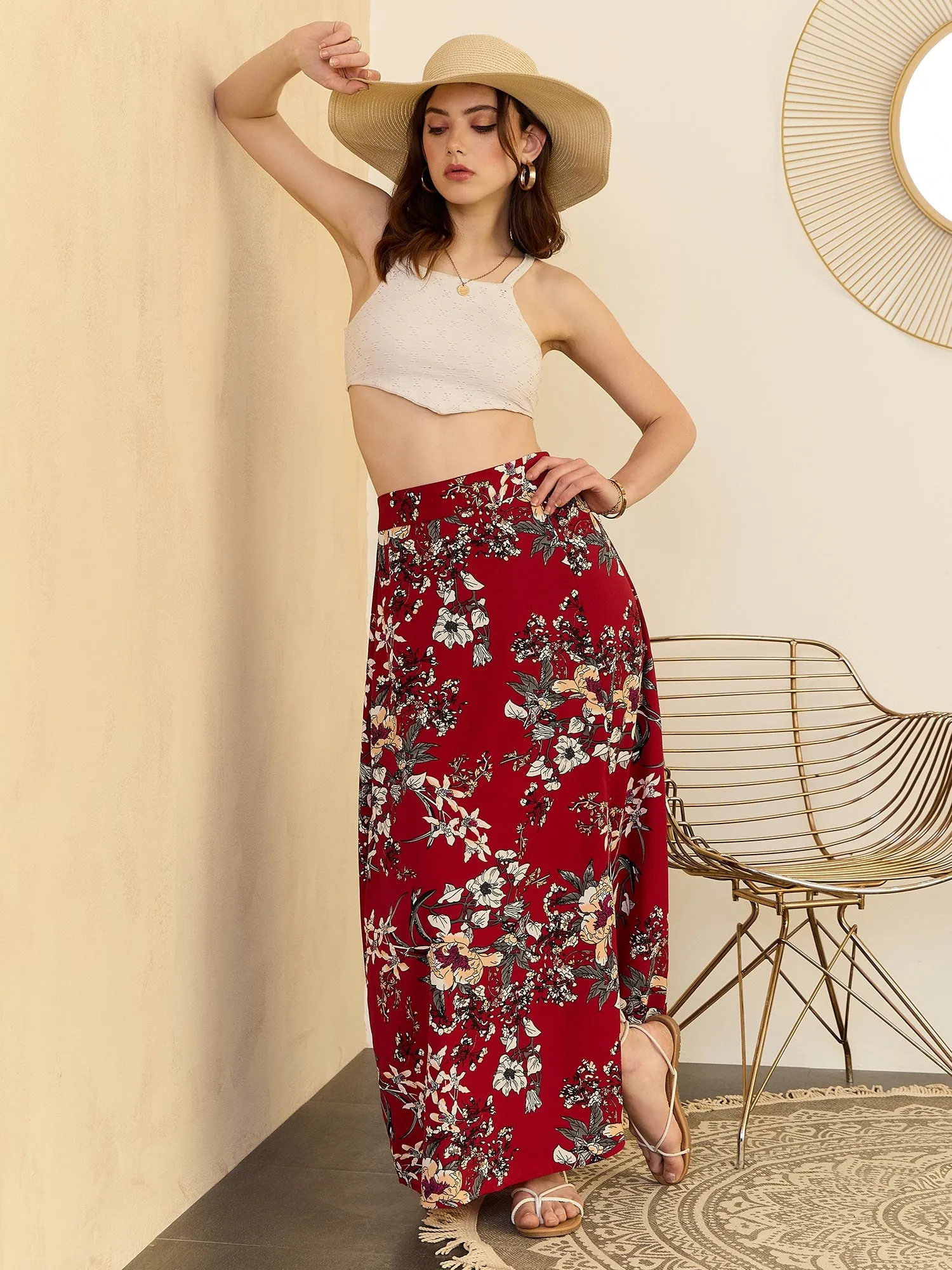 Berrylush Women Maroon & White Floral Printed High-Rise Waist Thigh-High Slit Straight Hem A-line Maxi Skirt