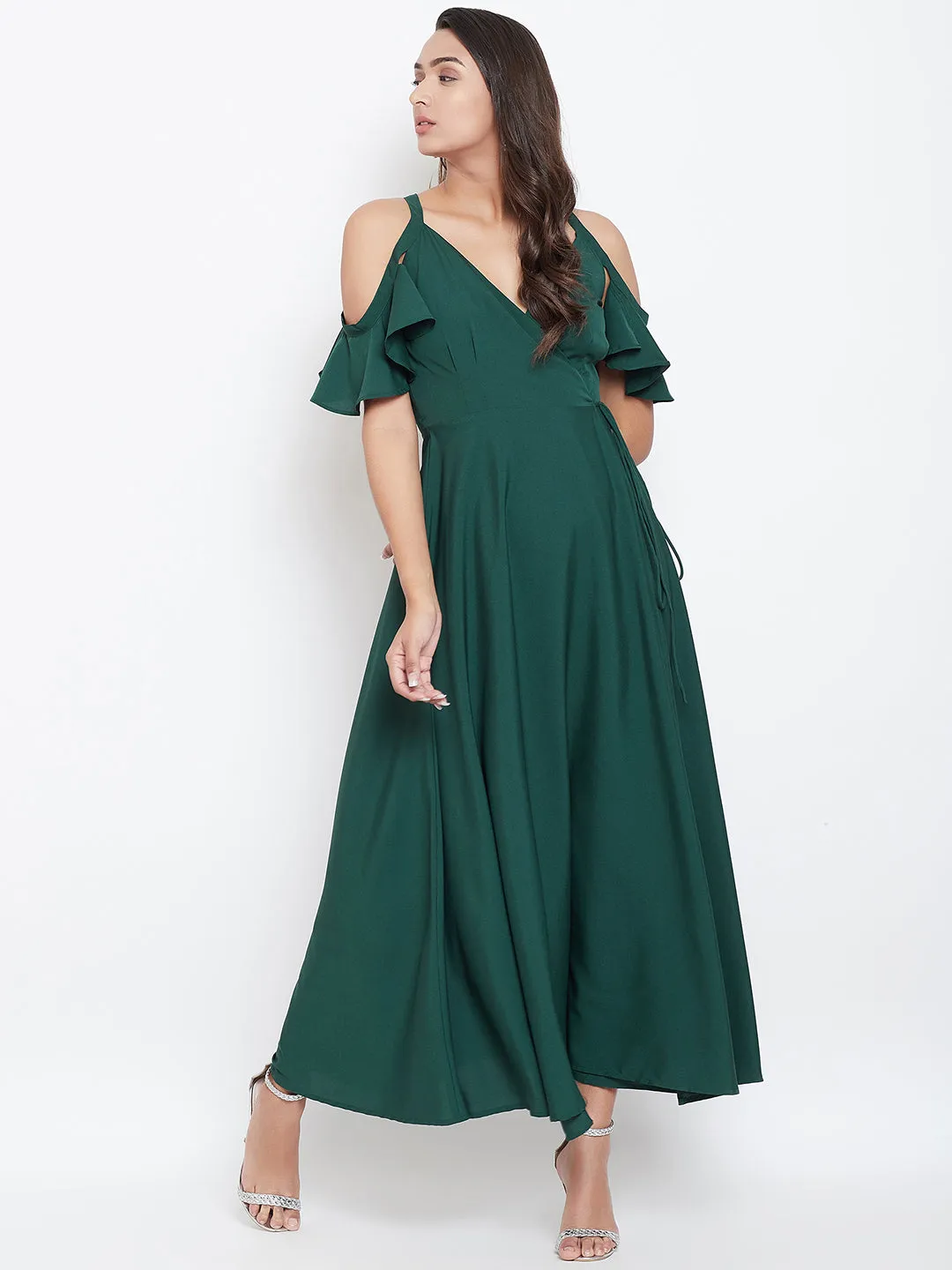 Berrylush Women Solid Green V-Neck Cold-Shoulder Maxi Dress