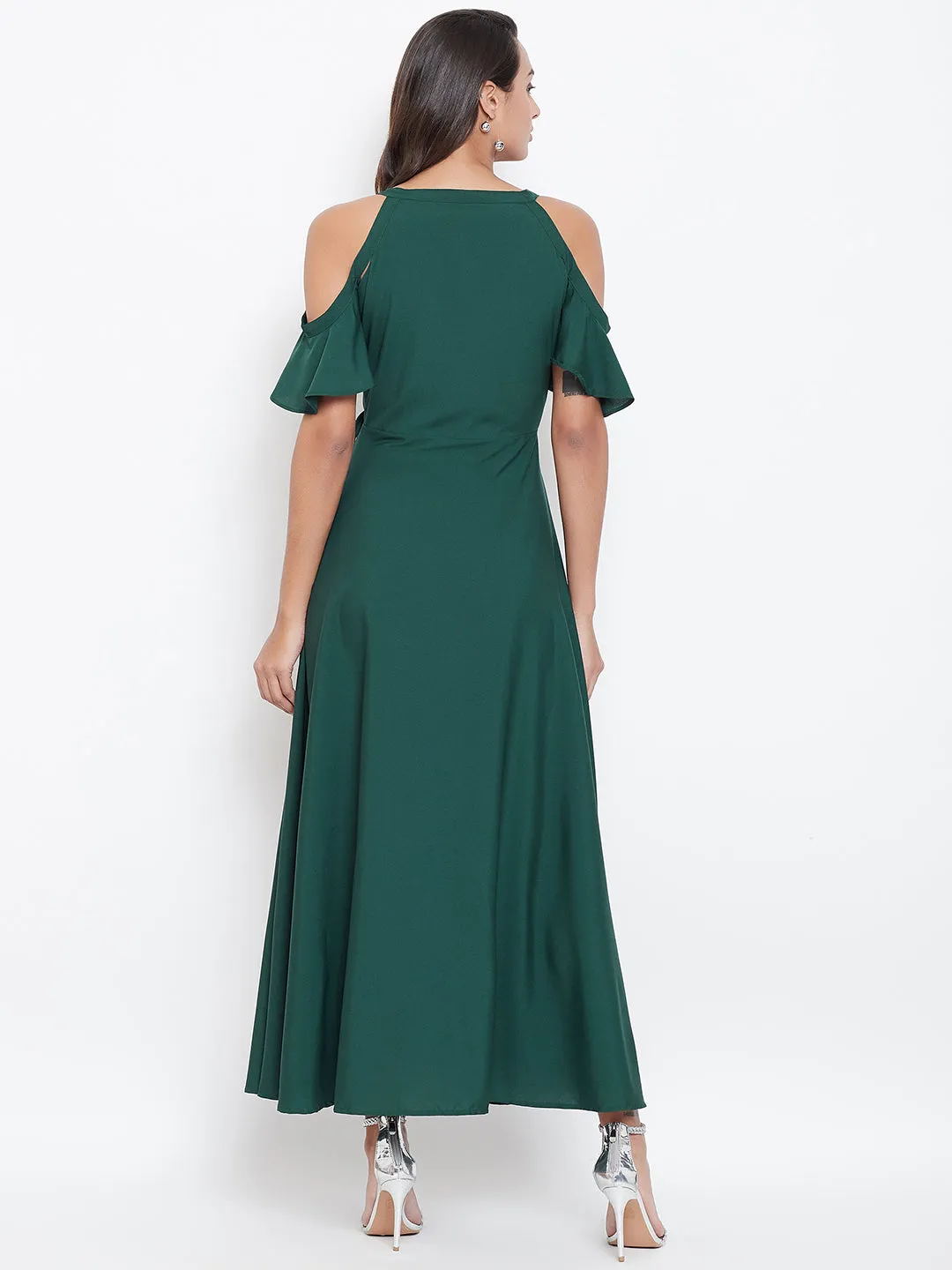 Berrylush Women Solid Green V-Neck Cold-Shoulder Maxi Dress