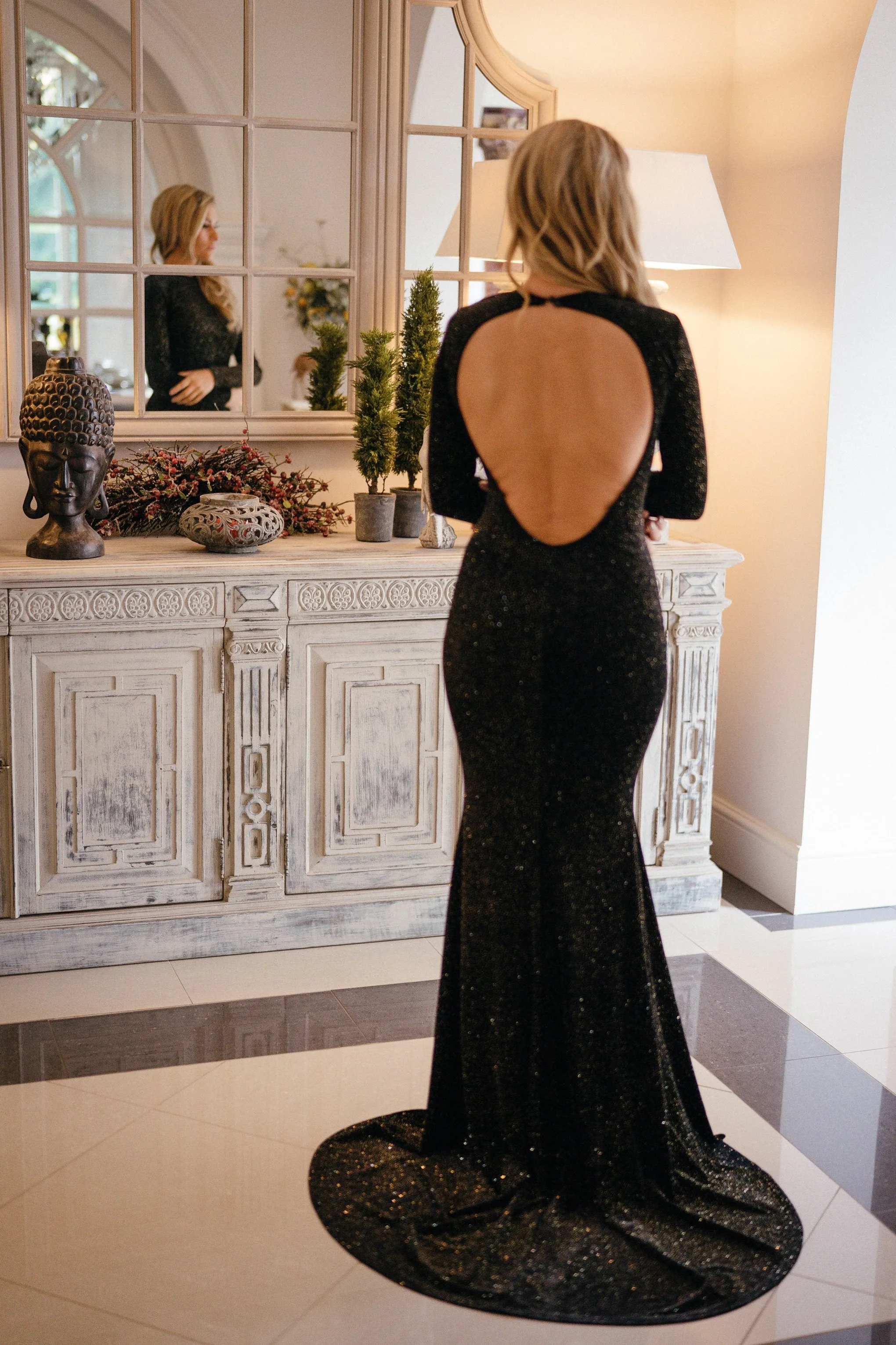 Black Glitter Velour Fishtail Maxi Dress