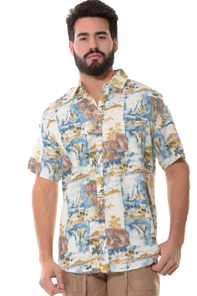 Bohio Men's Linen Tropical Print Casual Short Sleeve Shirt w/Pocket in Ivory _MLSP1198