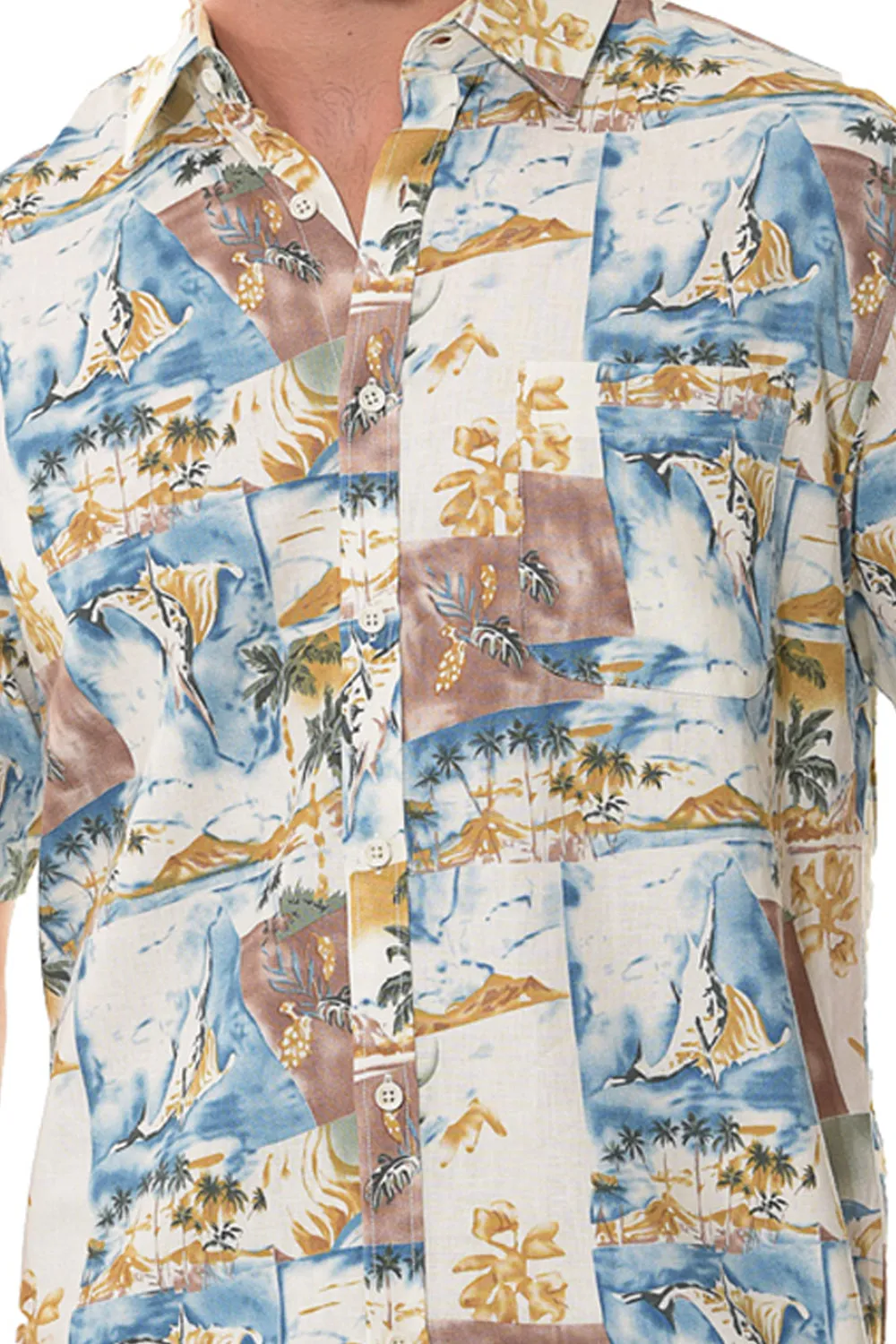 Bohio Men's Linen Tropical Print Casual Short Sleeve Shirt w/Pocket in Ivory _MLSP1198