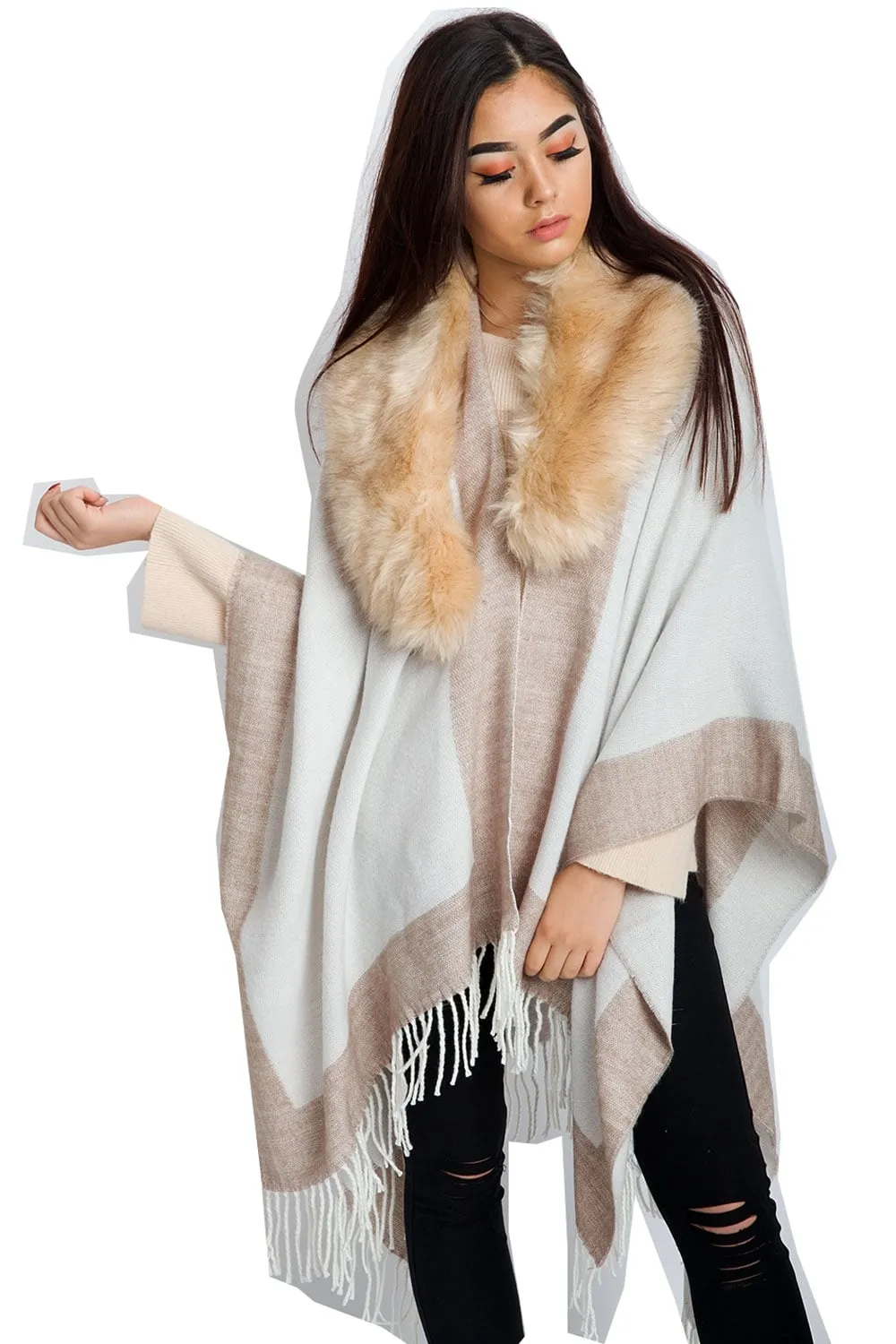 Border Block Blanket Cape with Fringe