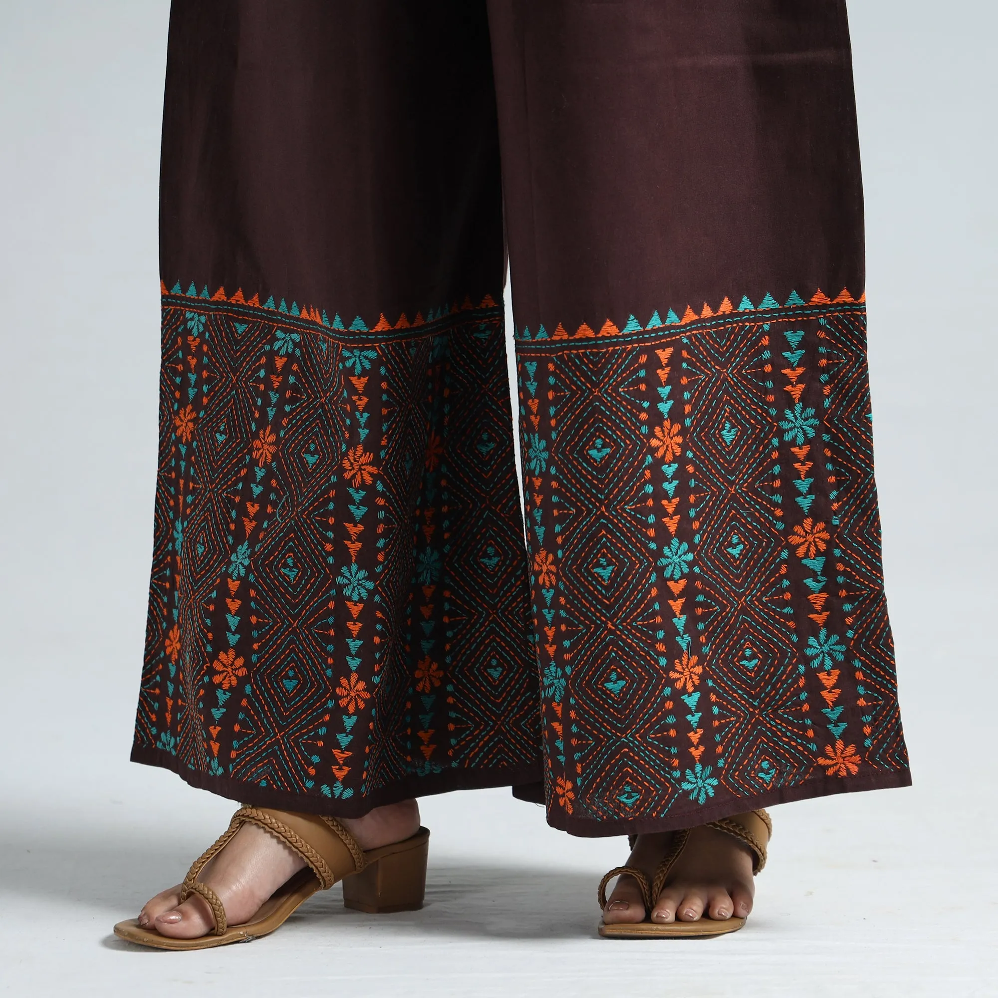 Brown - Bengal Kantha Embroidery Cotton Palazzo 61