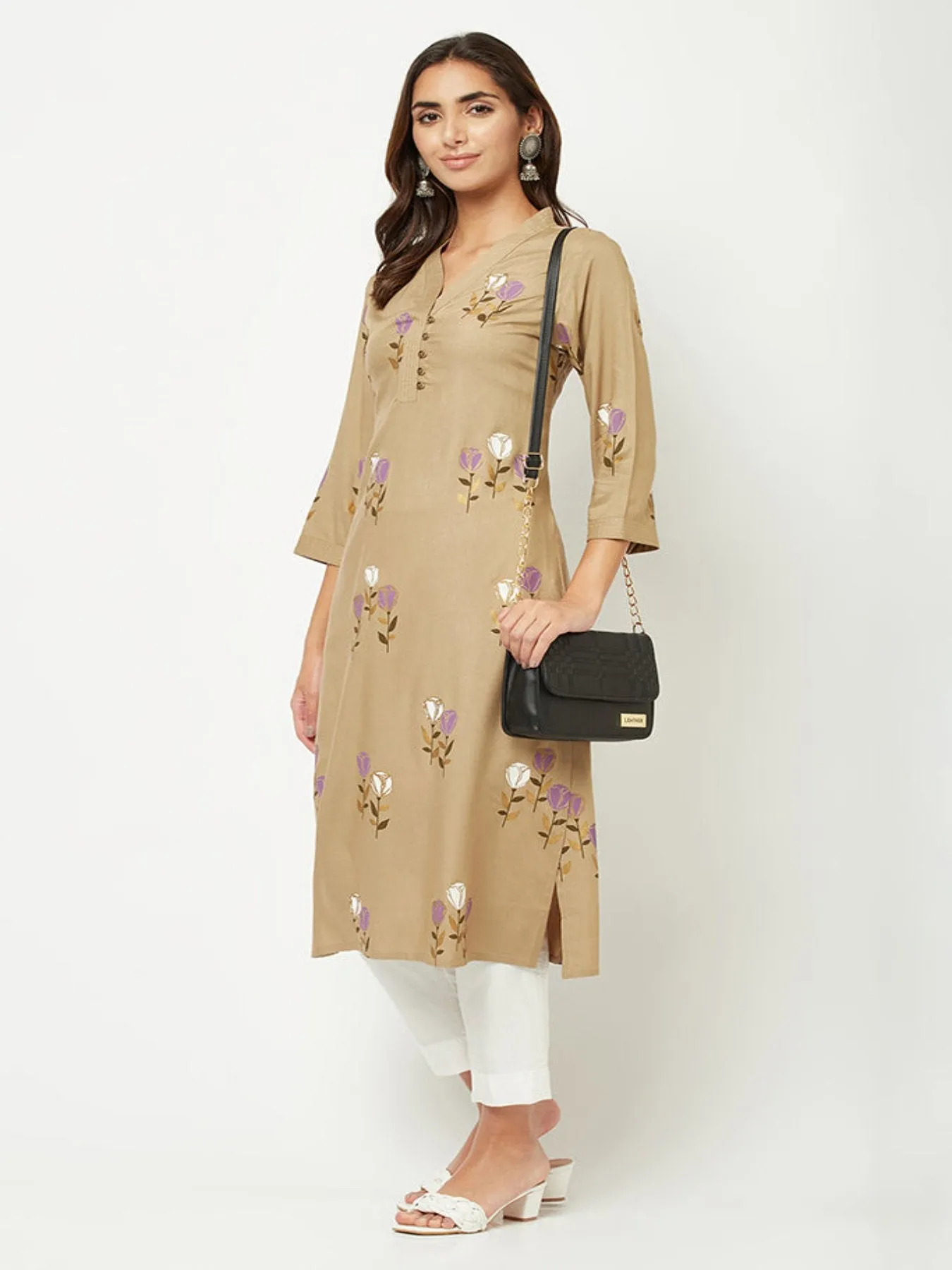 Brown Floral Printed Kurta