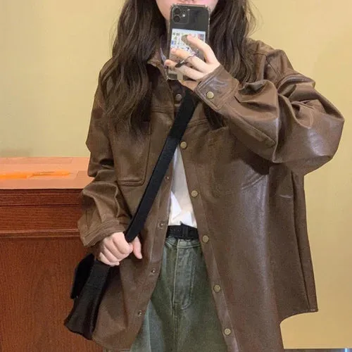 Brown Leather Jacket Button Up Loose Coat Women Moto Biker BF Casual Outerwear Fall Autumn Spring Windbreaker plus size y2k top