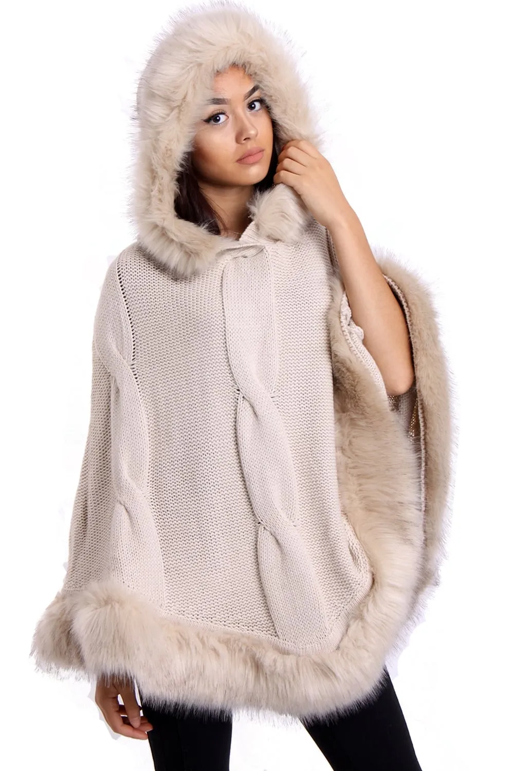 Cable Knitted Hooded Fur Trim Poncho Cape