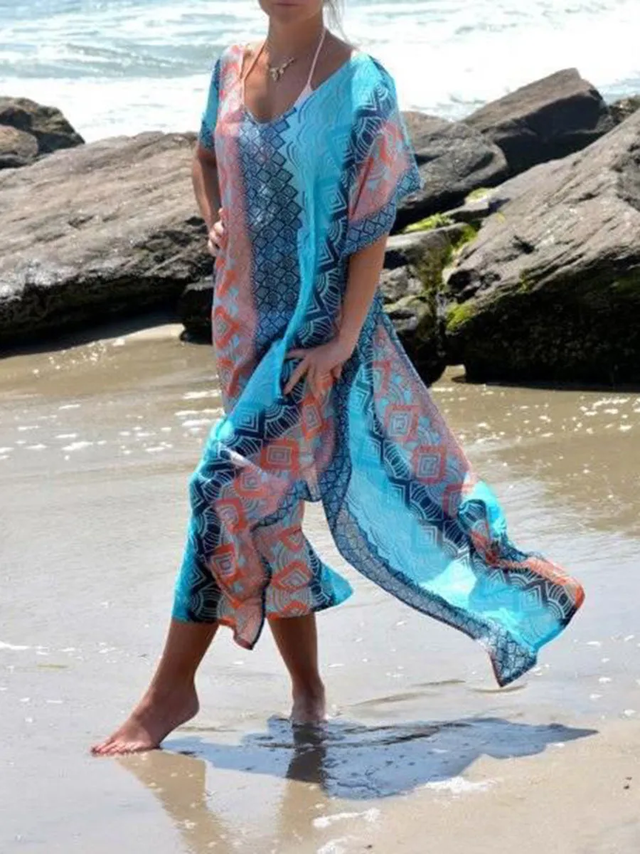 Casual Chiffon Print Short Sleeve Plus Size Maxi Dress