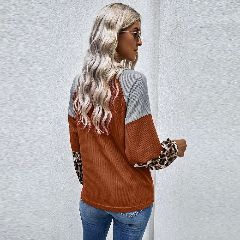 Casual Women Leopard Knitting Long Sleeves T Shirts