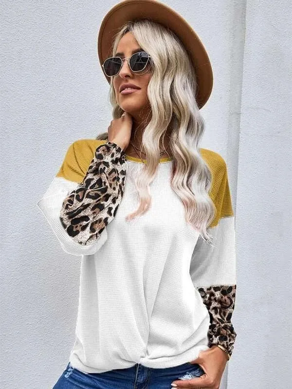 Casual Women Leopard Knitting Long Sleeves T Shirts