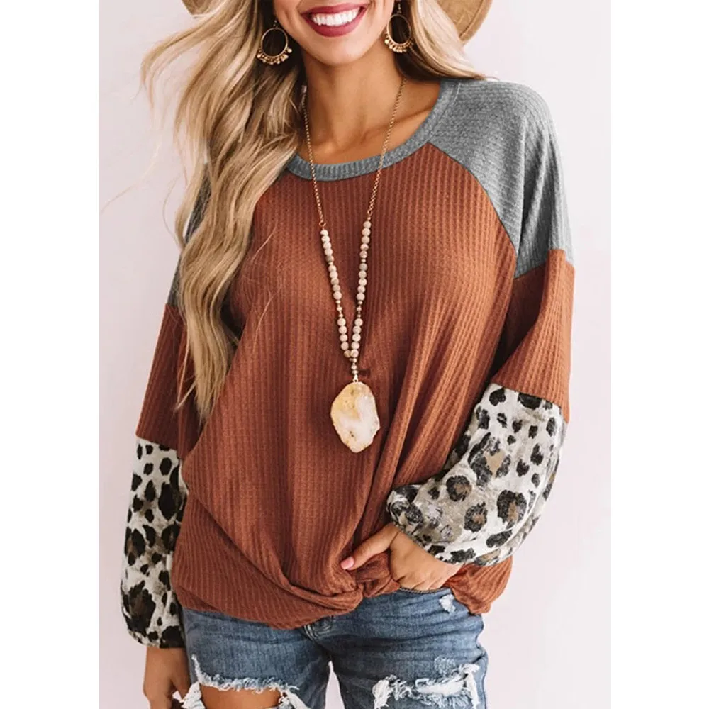 Casual Women Leopard Knitting Long Sleeves T Shirts